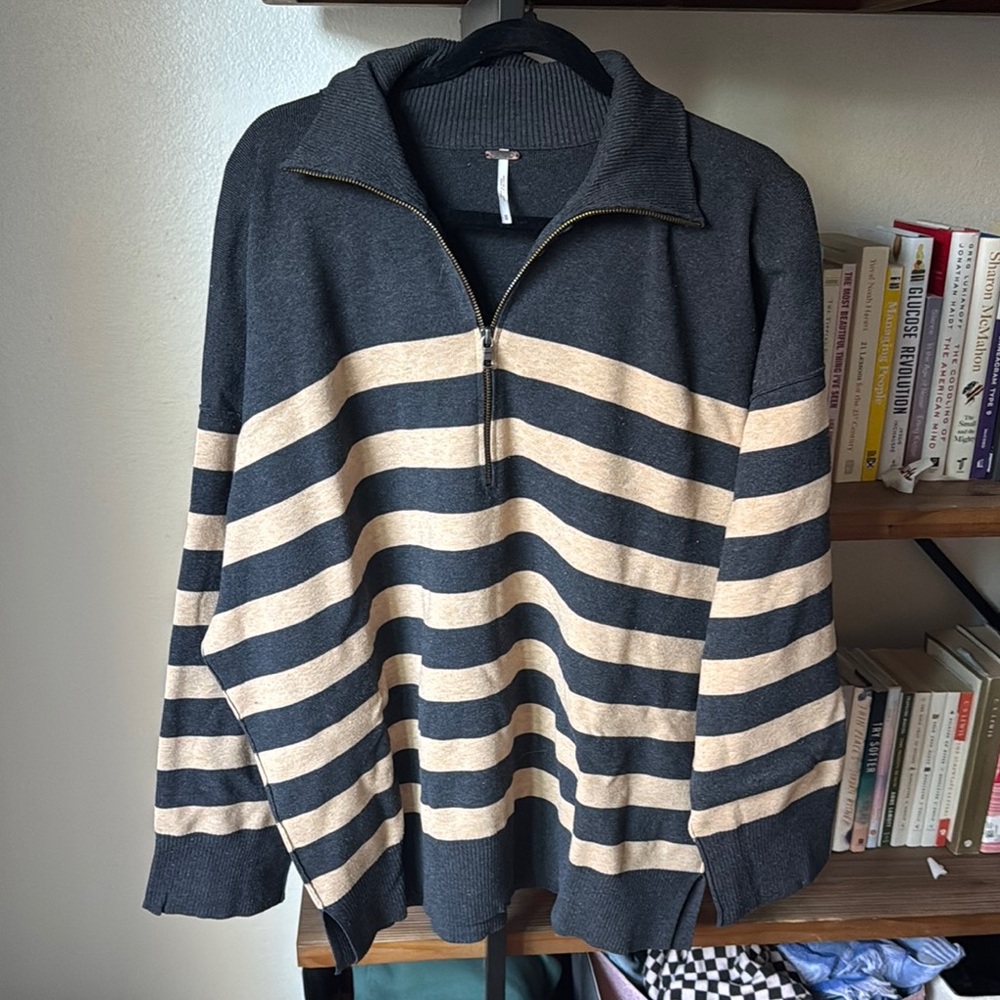 Striped Half-Zip Sweater - Charcoal and Beige